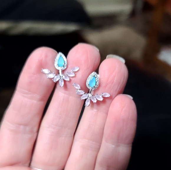 Pink & white Topaz & Aquamarine Sterling ornate earrings - Picture 7 of 7